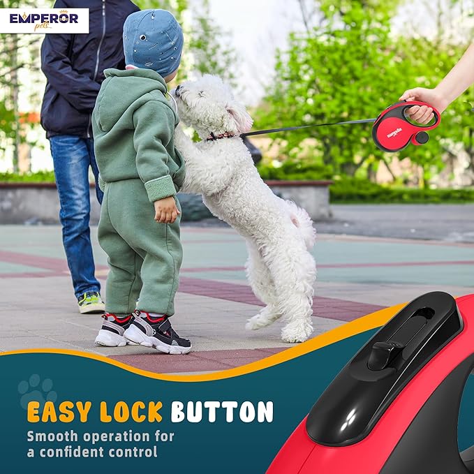 Emperor Pets 26 ft Retractable Dog Leash Red - Heavy Duty Retractable Pet Leash with Anti-Slip Grip for Medium to Large Dogs up to 110 lbs -Aura BR26
