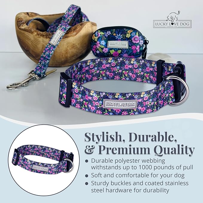 Lucky Love Dog Wide Dog Collar - Adjustable, Durable, Soft Webbing, & Comfortable 1.5 inch Wide Collar for Dogs Male and Female with Strong Buckle - Primrose, X-Large