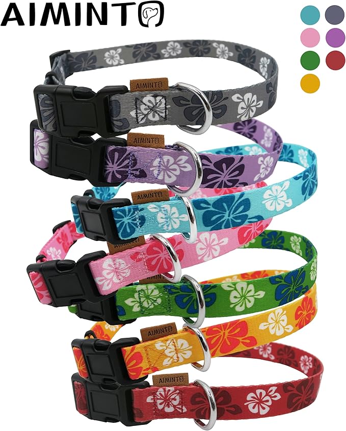Dog Collar, Cute Floral Pattern, Soft and Adjustable Collar with Quick Release Buckle (M (Neck 14-24", Width 3/4"), Hawaiian Purple)