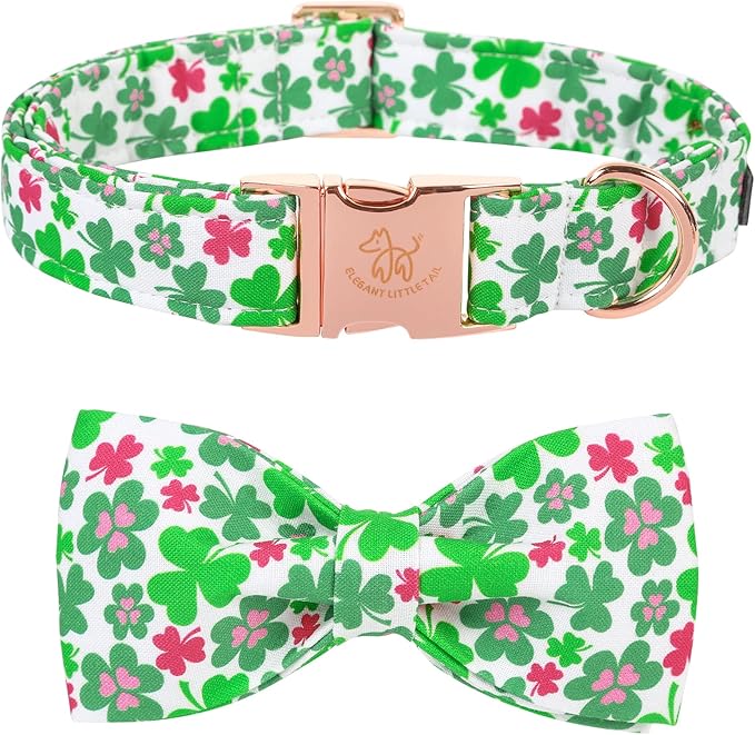 Elegant little tail St Patrick's Dog Collar - Green Lucky Clover Cotton Shamrock Pet Collar Bowtie Cute Collars with Bow Adjustable Pet Collars for Medium Dogs