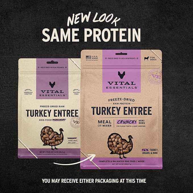 Vital Essentials Freeze Dried Dog Food, Raw Turkey Crunchy Mini Nibs | Complete Meal or Mixer | High Protein, Low Carb, Grain Free, Dry Dog Food | 14 oz