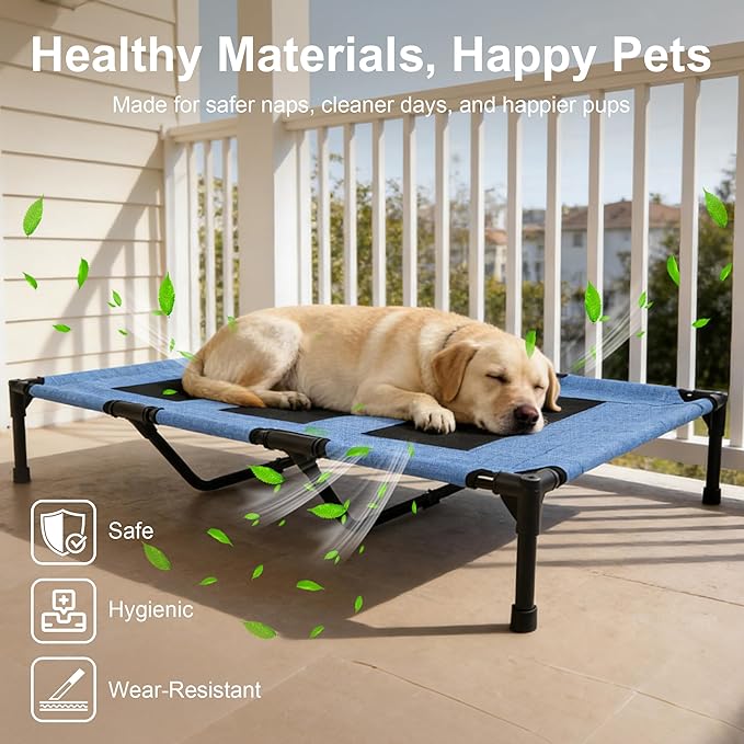 Raised Dog Bed, Raised Pet Cot for Medium and Large Dogs, Cooling Breathable Mesh, Durable Sturdy Frame, Washable Cover, Portable and Easy to Assemble Indoor/Outdoor Pet Bed, Blue, L