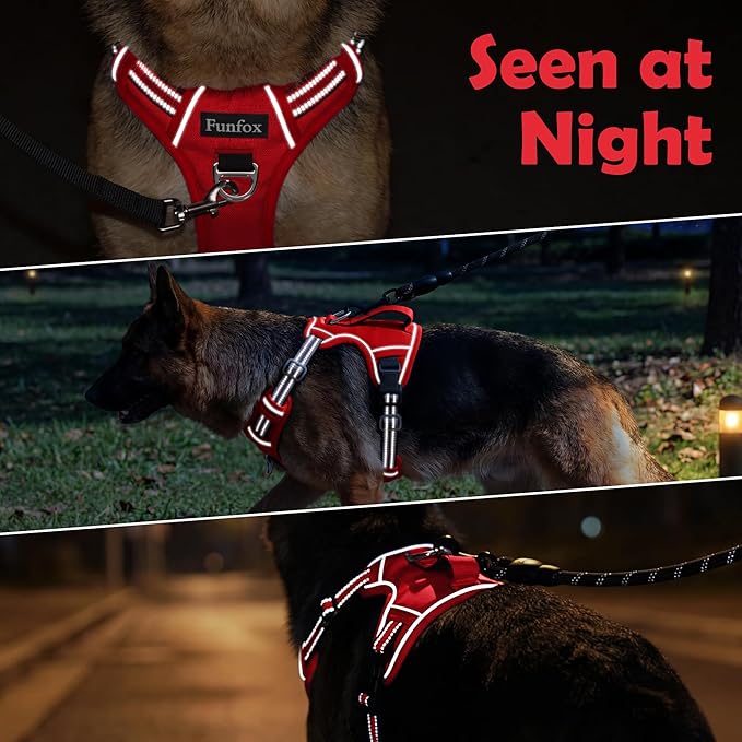 Funfox Dog Harness No Pull, Adjustable Pet Vest Harness, Super Soft Material with Vertical Handle Easy Control, Reflective Night Walking, 2 Leash Clips for Large Dogs, Red, L