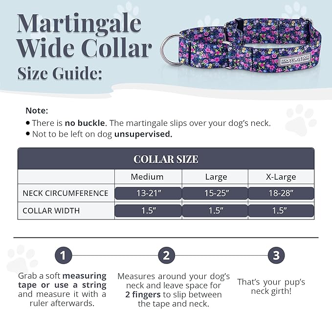 Lucky Love Dog Wide Martingale Dog Collar - No-Slip, Durable, & Soft Webbing 1.5 inch Martingale Collar for Dogs Male and Female Ideal for Training & Walking - Primrose, Large