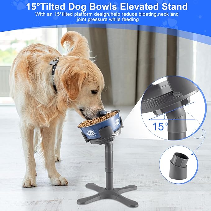 Dog Bowls Elevated Adjustable Stand, Raised Bowl with 3 Heights & Tilted Feeding Stand, Compatible with Various Bowls, for Medium & Large Breeds (1 Pack) Grey