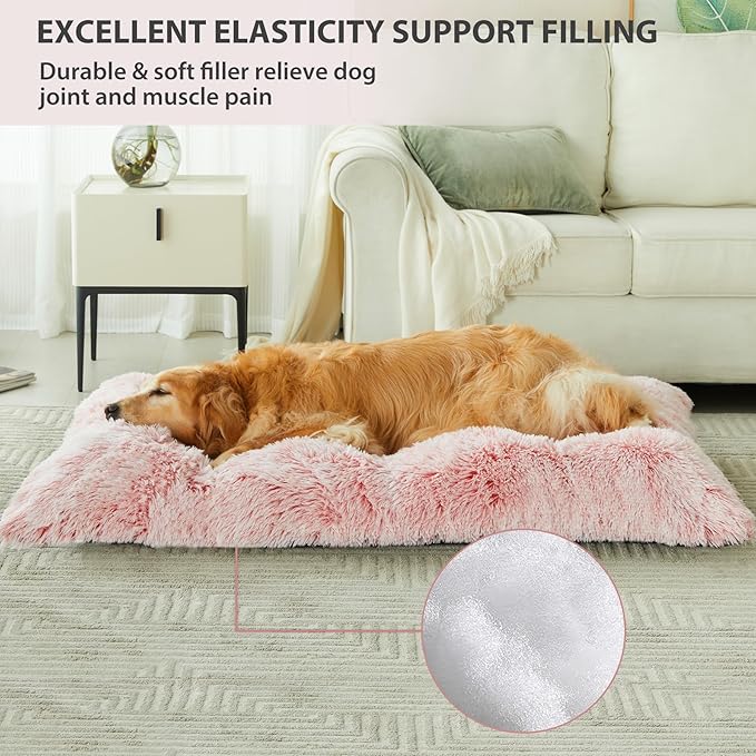 BFPETHOME Dog Beds for Large Dogs, Plush Dog Crate Bed Fluffy Cozy Kennel Pad for Sleeping &Ease Anxiety, Washable Pet Mats with Anti-Slip Bottom for Large Dogs, Pink