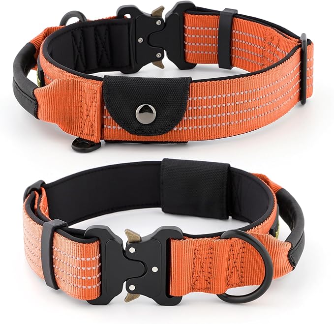 Plutus Pet Tactical Dog Collar with Tracker Pocket for AirTag, Adjustable Reflective Nylon Collar, Metal Buckle, Leather-Wrapped Handle, Soft Padded for Medium Large Dogs (Orange, L)