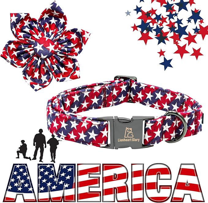 Lionheart glory American Flag Dog Collar 4 of July Dog Collars with Flower Independence Patriotic Dog Flower Collars Heavy Duty Adjustable Collar Flower for Large Dogs Pet Gift
