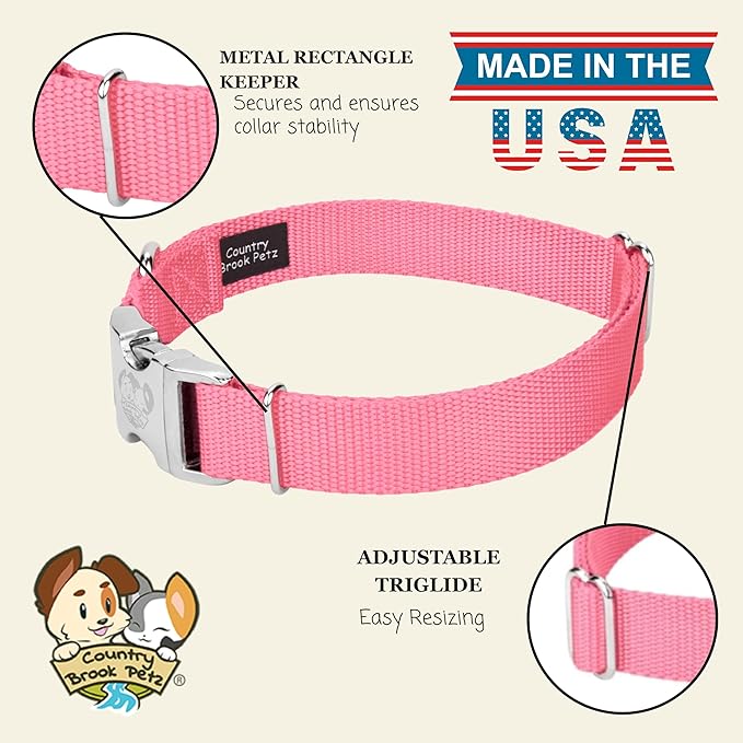 Country Brook Petz - Premium Nylon Dog Collar with Metal Buckle for Small Medium Large Breeds - 10+ Warm Colors (Small, 3/4 Inch, Pink)