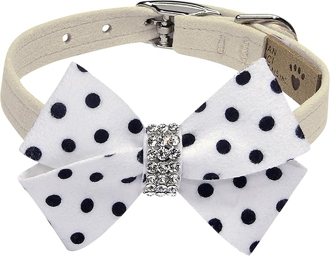 Susan Lanci Designs Ultrasuede Premium Dog Collar with Nouveau Bow, Doe, Small