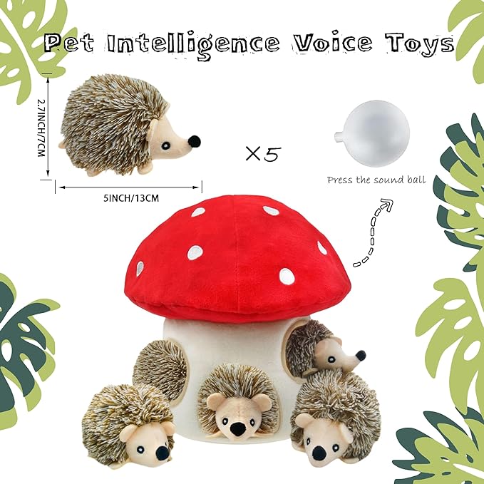 Dog Hide and Seek Toys Puppy Chew Squeaky Toys Plush Mushroom&Bamboo&Shell Hideout Stuffing with Squeakers Animals (Mushroom Hideout with 5 Hedgehog Brown)