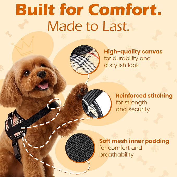 Bark Appeal Tan Plaid No-Pull Dog Harness for Medium to Large Sized Pets – Adjustable, Reflective Vest with 3 Leash Clips for Added Control, Easy Walks & Training – Large