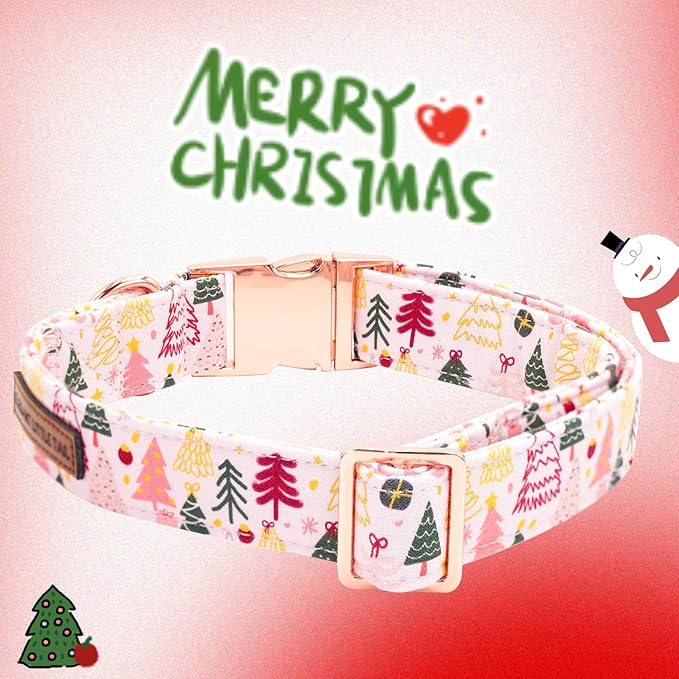 Elegant little tail Christmas Dog Collar, Christmas Tree Pet Collars Flower Pink Metal Buckle Collar Puppy Girl Boy Holiday Cotton Soft Flower Adjustable Dog Collar for Medium Dogs