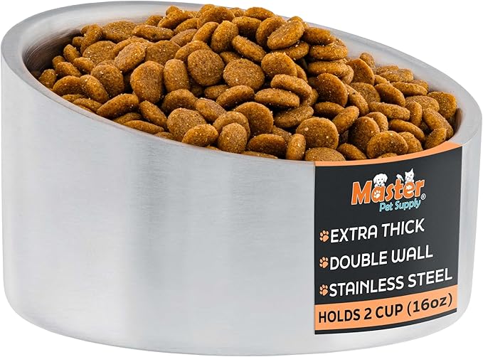 Master Pet Supply Stainless Steel Slanted Dog Cat Food Bowl - 16 oz Heavy Duty - Stainless Steel, Double Wall Insulated, Non-Slip Elevated Bowl for French Bulldogs Pugs Cats, Anti Rust Dishwasher Safe