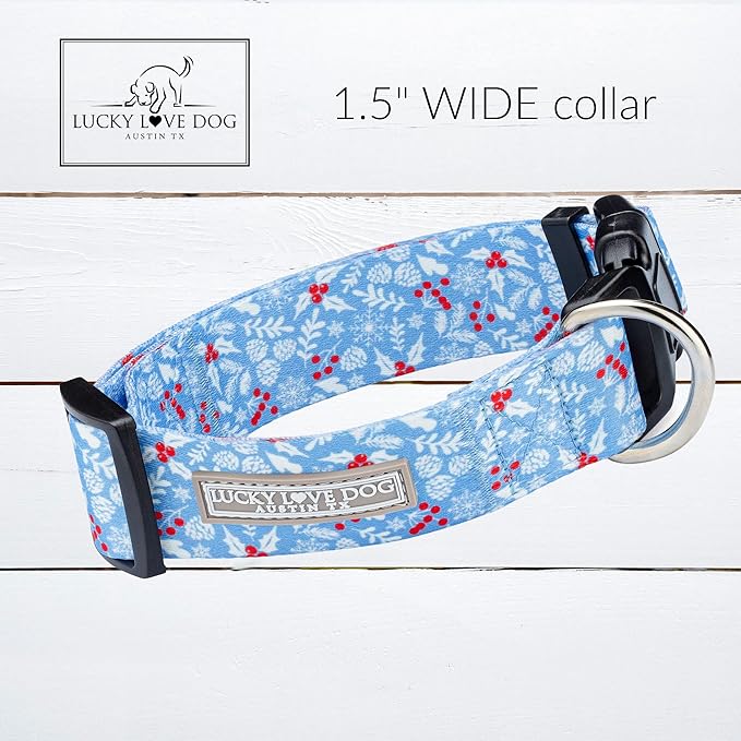 Lucky Love Dog Wide Dog Collar - Adjustable, Durable, Soft Webbing, & Comfortable 1.5 inch Wide Collar for Dogs Male and Female with Strong Buckle - Winter Blue, Large