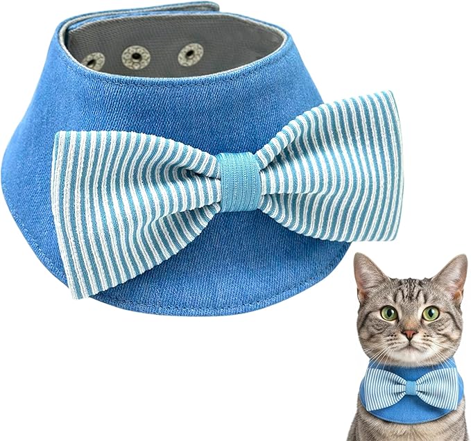 Denim Dog Bandana – Striped Bowtie, Soft & Durable Pet Scarf with Adjustable Metal Snap Buttons for Dogs & Cats (Blue, 3X-Large)