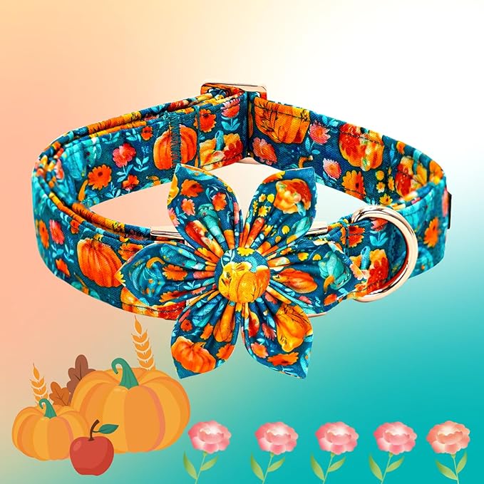 Elegant little tail Fall Dog Collar, Halloween Pet Collars with Flower Cute Pumpkin Print Puppy Collar Female or Male Cotton Adjustable Collars for Small Medium Large Dogs