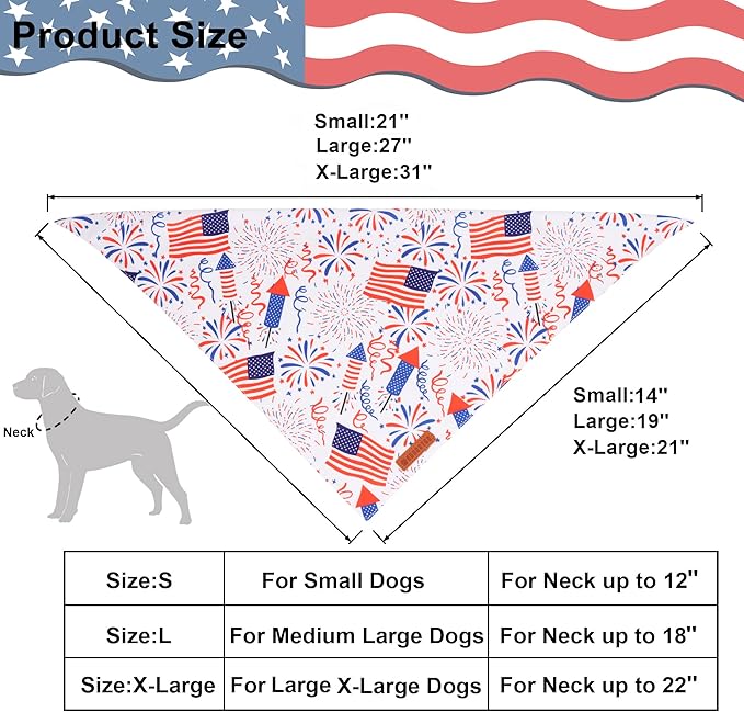 ADOGGYGO American Flag Dog Bandana, White Blue 4th of July Flag Pet Scarf, Premium Durable Fabric, Adjustable Fit 4th of July Bandanas for Extra Large Dogs Pets (X-Large)
