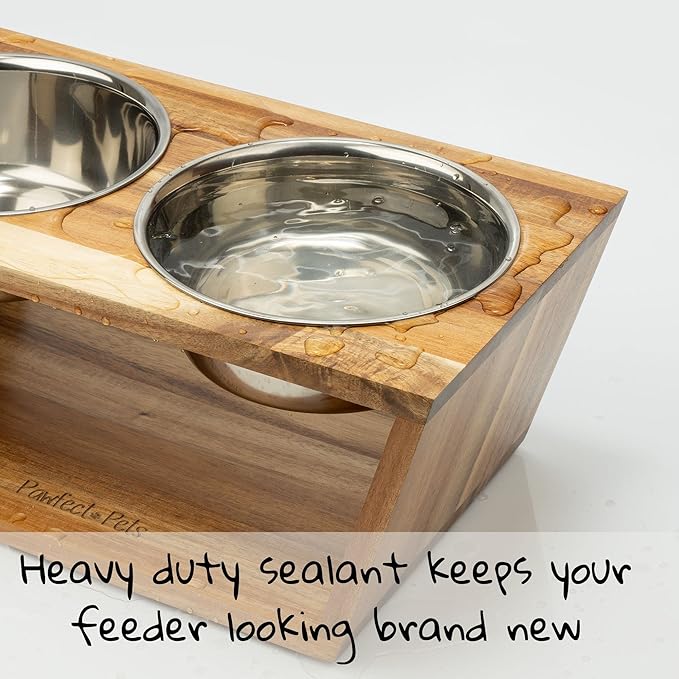 Pawfect Pets Elevated Dog Bowl Stand- 7" Raised Dog Bowl for Medium Dogs. Pet Feeder with Four Stainless Steel Bowls (Acacia)