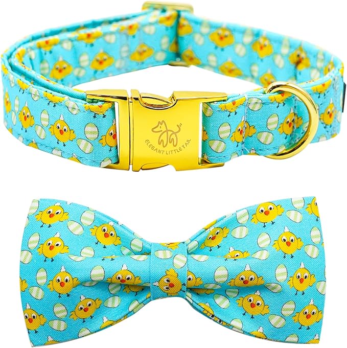 Elegant little tail Easter Dog Collar, Blue Chicken Eggs Print Dog Collar with Bow Puppy Collars Boy Pet Gift Puppy Bowtie Adjustable Pet Collars for Medium Dogs