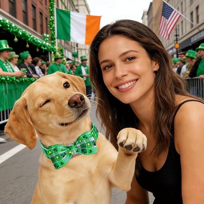 Elegant little tail St Patrick's Dog Collar - Green Plaid Lucky Clover Cotton Shamrock Pet Collar Bowtie Cute Collars with Bow Adjustable Pet Collars for Small Dogs