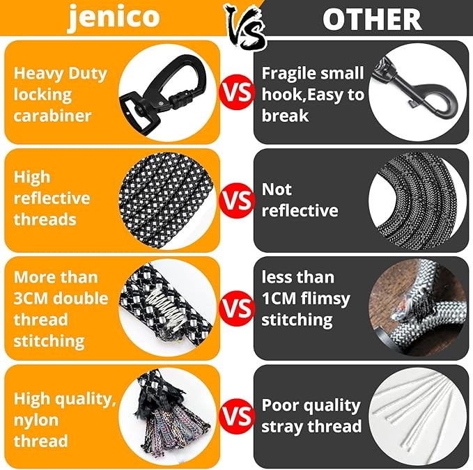 jenico Long Dog Leash 10FT: Heavy Duty Rope Leashes for Dogs Training with Swivel Lockable Hook Reflective Threads Bungee and Padded Handle - Dog Lead for Large Small Medium Dogs Outside Walking