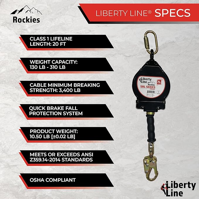 Liberty Line Rockies 20 Foot Aluminum Housing Cable SRL with Snap Hook - Includes Installation Carabiner and Tagline (ANSI)