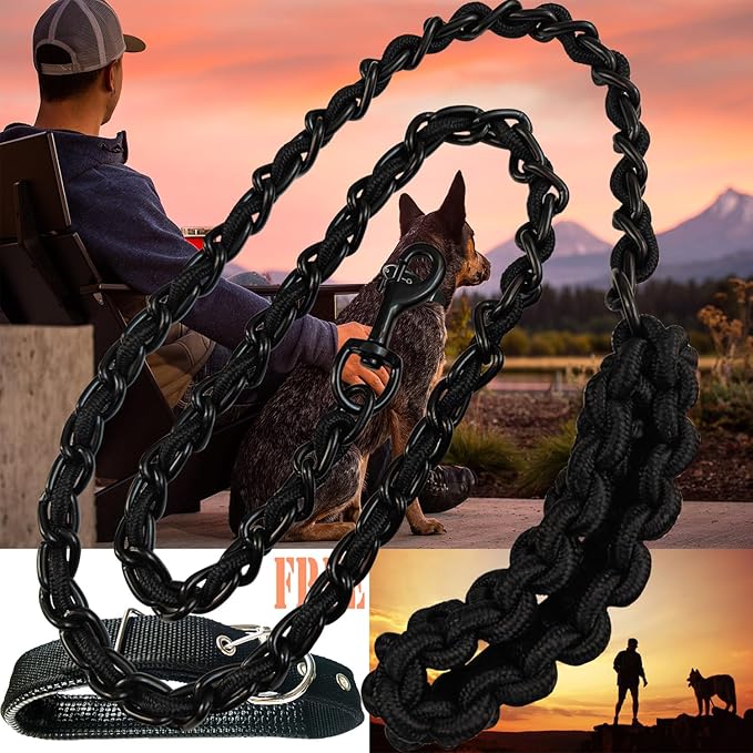 Dog Leash Leads Chain Rope Metal with Pet Collar Training Walking Heavy Duty Anti Bite 360 Hook for Medium and Large Dogs Black (Large)