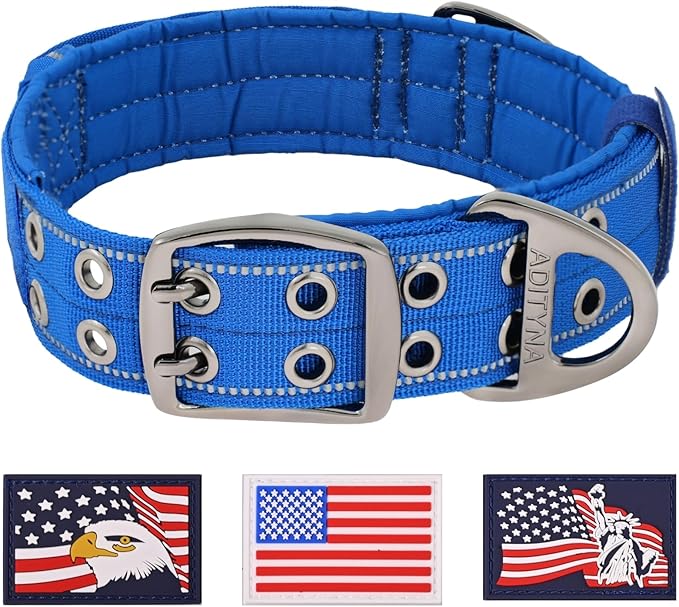 ADITYNA Heavy Duty Dog Collar for Extra-Large Dogs - Reflective Blue Collar with Handle for Training, and Walking - Wide, Thick, Tactical, Soft Neoprene Padded