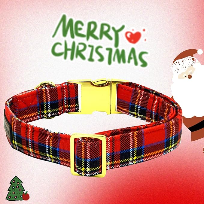 Elegant little tail Christmas Dog Collar, Winter Christmas Plaid Pet Collars Flower Red Metal Buckle Collar Puppy Girl Boy Holiday Cotton Soft Flower Adjustable Dog Collar for Medium Dogs