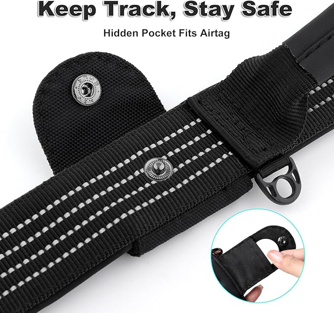 Plutus Pet Tactical Dog Collar with Tracker Pocket for AirTag, Adjustable Reflective Nylon Collar, Metal Buckle, Leather-Wrapped Handle, Soft Padded for Medium Large Dogs (Black, L)