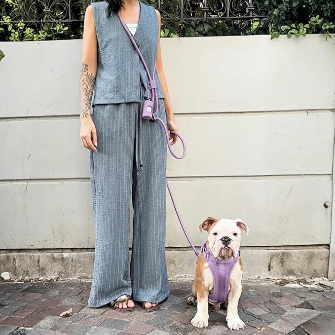 No Pull Dog Harness and Leash Set 3-in-1, Adjustable Anti Pull Dog Puppy Harness with Hands-Free Matching Leash and Poop Bag Holder, Easy Walk Dog Harness Medium, small Sized Dog (Lilac)