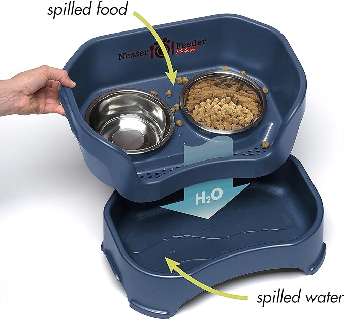 Neater Feeder Deluxe Mess Proof Dog Bowls Elevated for Large Dogs – Made in USA – No Spill Raised Dog Food Bowl Stand w/Leg Extensions – Stainless Steel Food and Water Bowl Set – Dark Blue