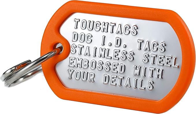 Dog Tags for Dogs, Custom Dog Collar ID Tag Personalized for Pets - Super Tough, Quiet Embossed Military Style Stainless Steel Dog Name tag (Orange)