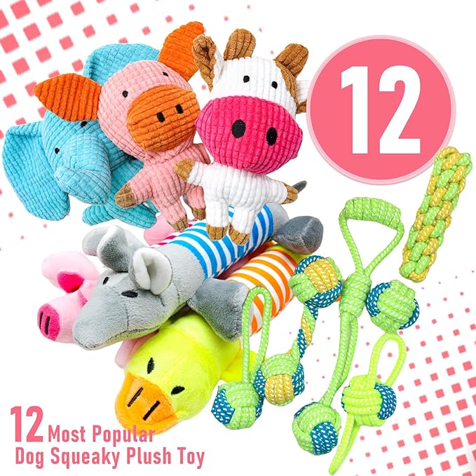 12 Pack Dog Squeaky Toys: Cute Interactive Plush Chew Toys with Rope, Puppy Teething Toys Bundle for Small Medium Dogs to Keep Busy