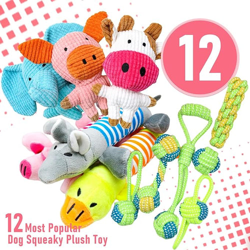 12 Pack Dog Squeaky Toys: Cute Interactive Plush Chew Toys with Rope, Puppy Teething Toys Bundle for Small Medium Dogs to Keep Busy