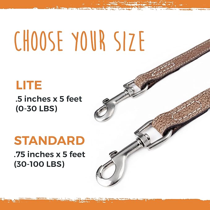 Mighty Paw Luxury Leather Dog Leash - Genuine Material Leather Leashes for All Pet Sizes - Pet Lead - 5 ft Premium Quality - Soft Material - Light Brown (Pack of 2)