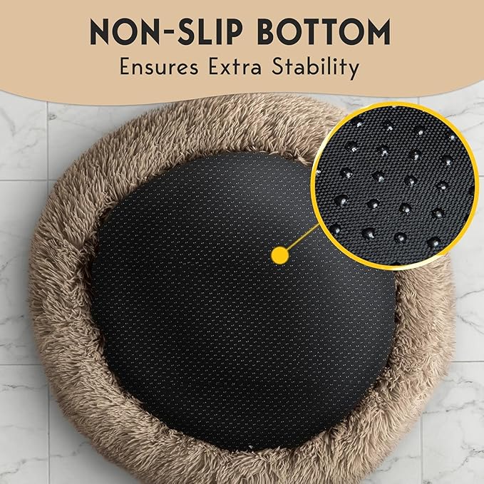 PetJett Calming Dog Beds for Small Dogs – 23" Donut Dog Beds, Anti-Slip & Washable Fluffy Plush Faux Fur Pet Bed, Anti-Anxiety Premium Comfort Round Puppy Bed, Fits Dogs up to 25 lbs – Beige