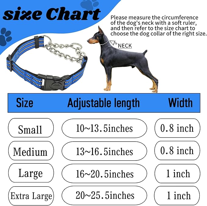 Martingale Dog Collars, Reflective Nylon Collar with Stainless Steel Chain, Adjustable Walking Training Dog Collars with Quick Release Buckle, Suitable for Small Medium Large Dogs(Blue,L)