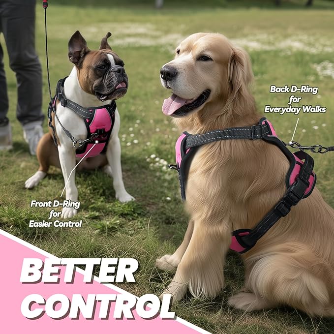 VIVAGLORY Dog Harness Easewalk No Pull Dog Harness with Handle Front Clip & Back Clip for Training Walking Lifting, No Pull Adjustable Easy On Padded Comfortable for Pet, L, Pink - Plain