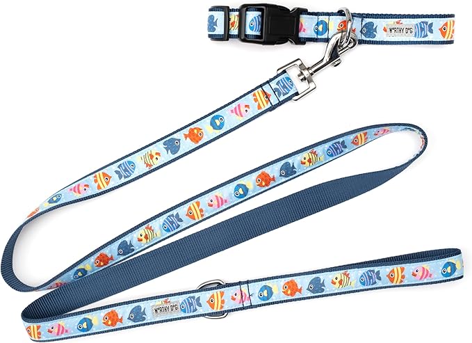 THE WORTHY DOG Stylish Fishy Patterned Leash for Dogs, Solid Nickel Plated - Blue, Small