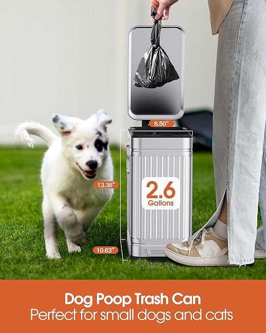 Small Trash Can with Lid Soft Close-10L/2.6 Gal Stainless Steel Outdoor Dog Poop Garbage Can-Metal Waste Bins with Pedal for Bathroom Bedroom Office-Silver