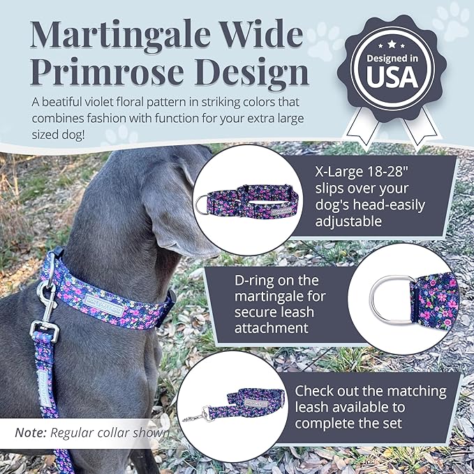 Lucky Love Dog Wide Martingale Dog Collar - No-Slip, Durable, & Soft Webbing 1.5 inch Martingale Collar for Dogs Male and Female Ideal for Training & Walking - Primrose, X-Large