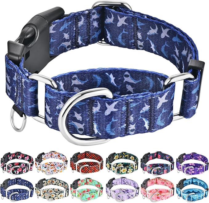 Martingale Collar for Dogs with Buckle Shark Dog Collar Adjustable Soft Nylon Boy Dog Collars for Large Dogs, Deep Blue Shark