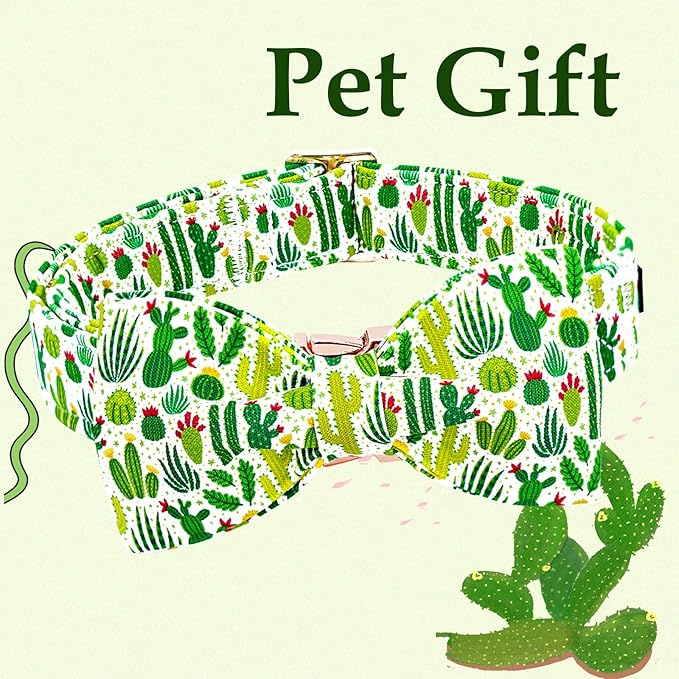 Lionheart glory Dog Bow Collar Green Cactus Print Collars for Small Dogs,Spring Summer Cute Dog Collar with Bowtie Pet Collars Bows Pet Gift