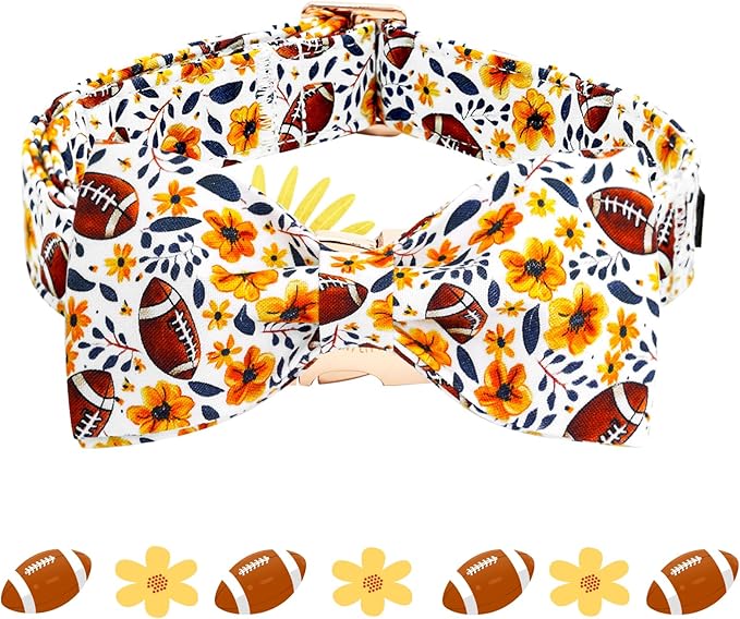 Elegant little tail Fall Dog Collar, Orange Floral with Rugby Print Pet Collars with Bow Puppy Collar Female or Male Cotton Adjustable Collars for Small Medium Large Dogs