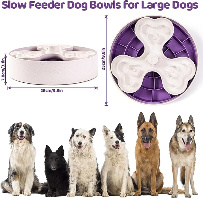 Puzzle Feeder Slow Feeder Bowls, Dishwasher Safe, Large Breed Dogs, 4 Modes, 3 Detachable Parts, Adjustable Speeds, Purple