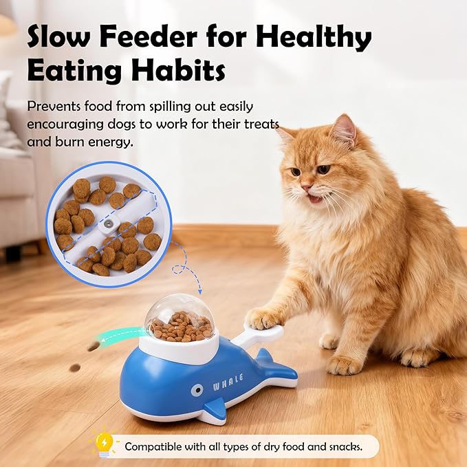 Pawise Cat Puzzle Treat Dispenser,Whale-Shaped Interactive Treat Dispenser Toy for Dogs & Cats,Pet Food Puzzle Feeder,Slow Feeder for Healthy Eating,IQ Training Toy for Small Pet,Bonus Snack Ball Toy