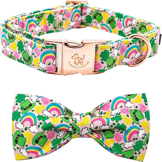 Elegant little tail St. Patrick's Dog Collar, Green Clover Print Sturdy Soft Dog Collars Pet Gift Puppy Bowtie Adjustable Pet Collars for Large Dogs
