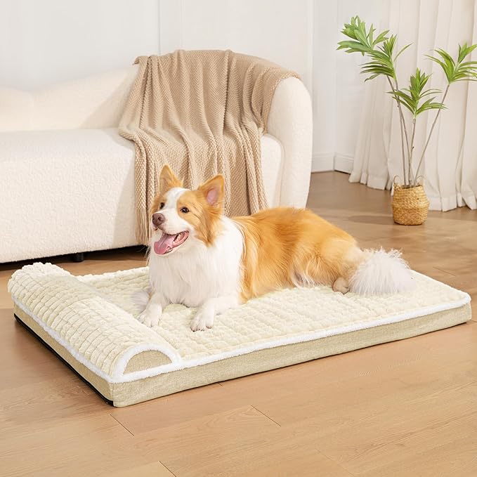 Orthopedic Dog Bed Medium Size Dog with Pillow 30''X20'', Waterproof Soft Comfortable Egg Crate Foam Pet Crate Beds Mat with Removable Washable Cover and Non-Slip Bottom, Cream